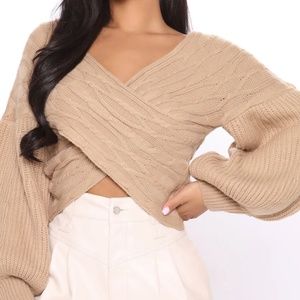 Cross body, taupe puffy sleeve sweater